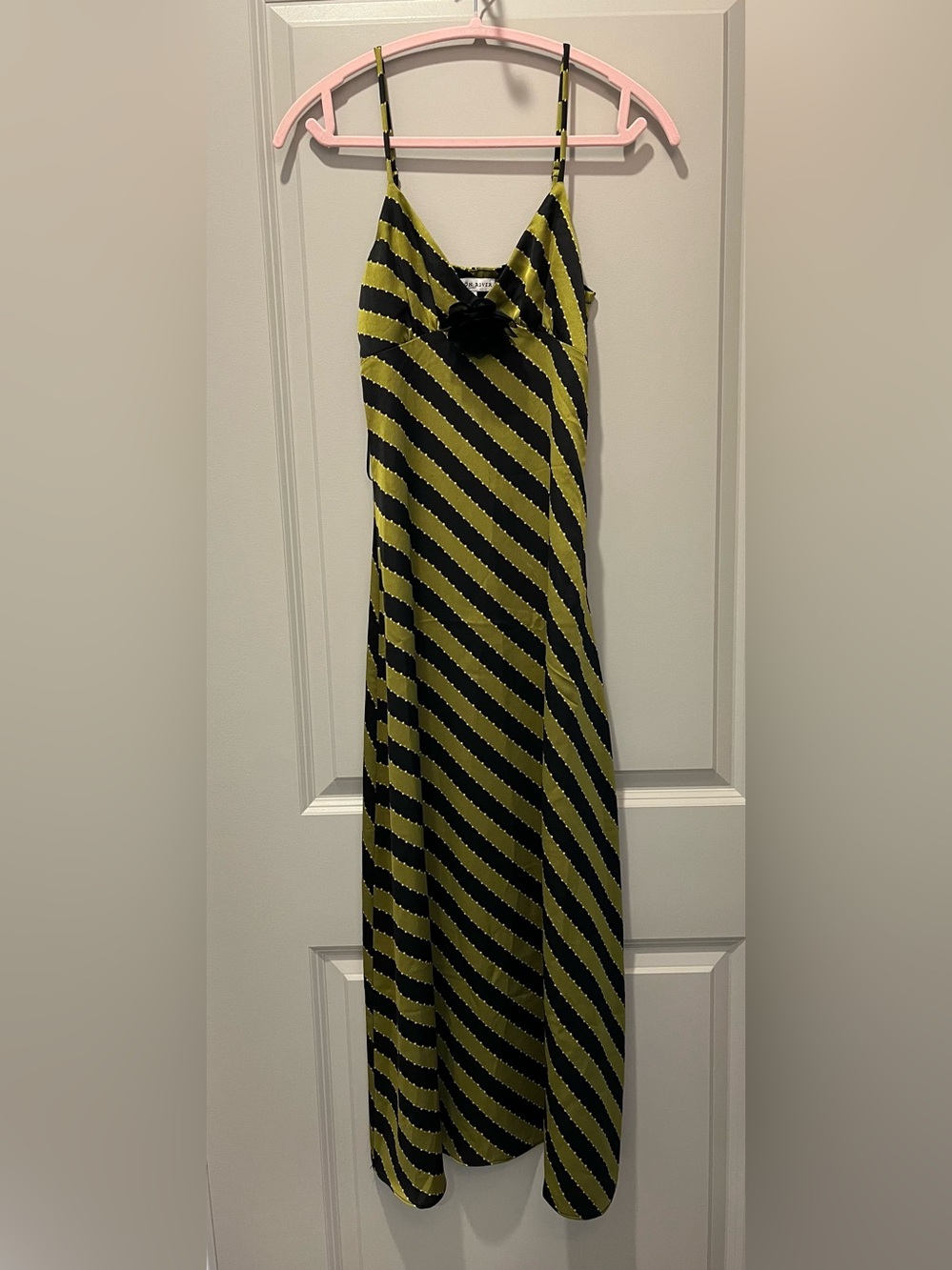 Moon River Olive Green and Black Diagonal Stripe Maxi Dress w/ Detachable Flower